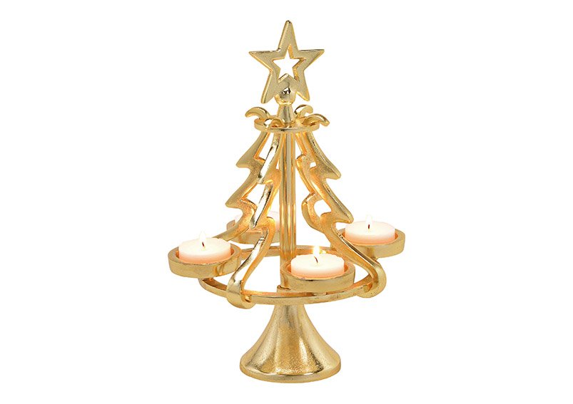Tealight holder, advent arrangement fir tree for 4 tealight made of metal gold 18x28x18cm