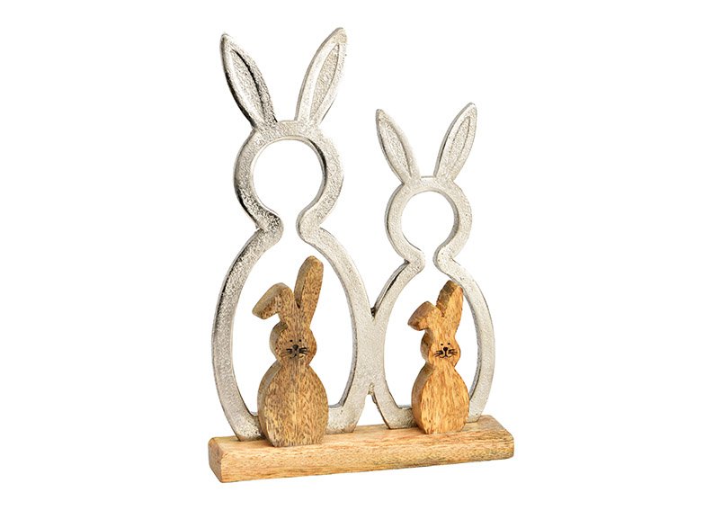 Supporto per famiglia di coniglietti in metallo argentato su base in legno di mango (L/H/D) 16x24x4cm
