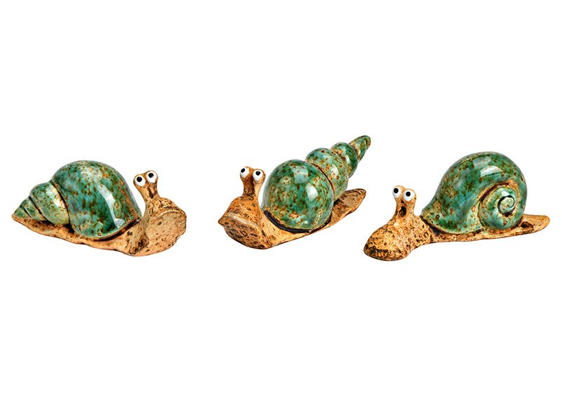 Snail ceramic green 3-fold, (W/H/D) 10x5x4cm