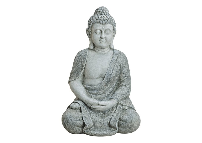 Buddha sitzend in grau aus Poly, 62 cm