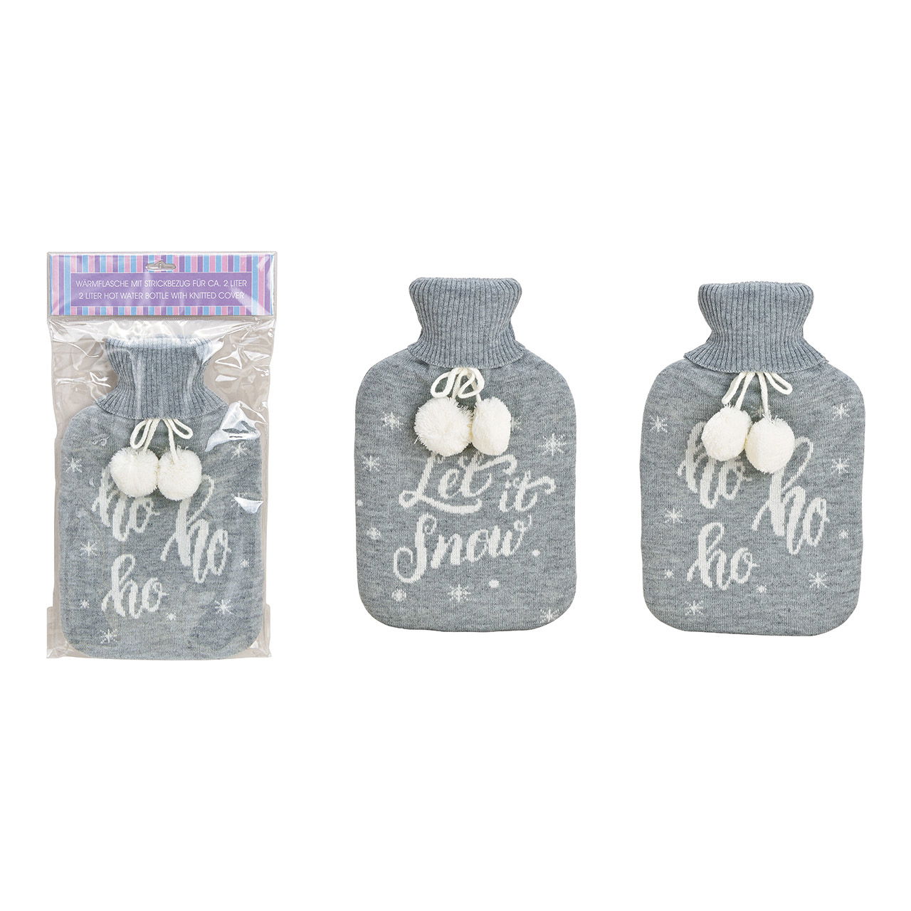 Bolsa de agua caliente 2l, HoHoHo, Let it snow funda de punto de plástico gris 2 pliegues, (A/A/P) 20x33x4cm Bolsa de agua caliente 2l, HoHoHo, Let it snow funda de punto de plástico gris 2 pliegues, (A/A/P) 20x33x4cm