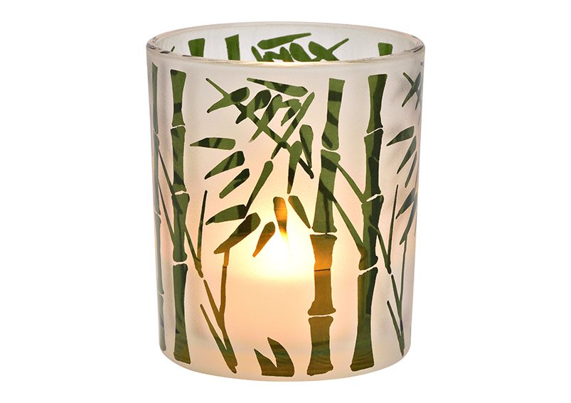 Windlicht bamboe decor, gemaakt van glas groen (B/H/D) 9x10x9cm