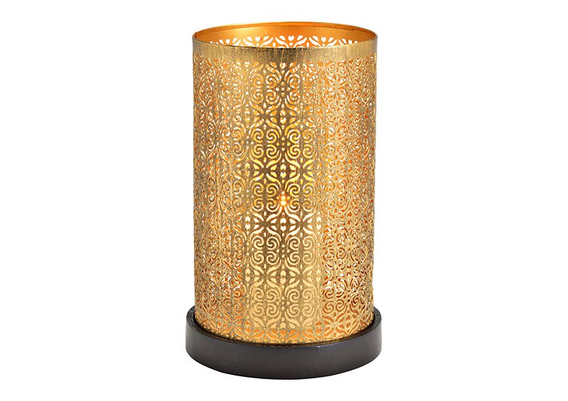 Lanterna su base in legno di mango marrone scuro di metallo dorato (L/H/D) 17x27x17cm