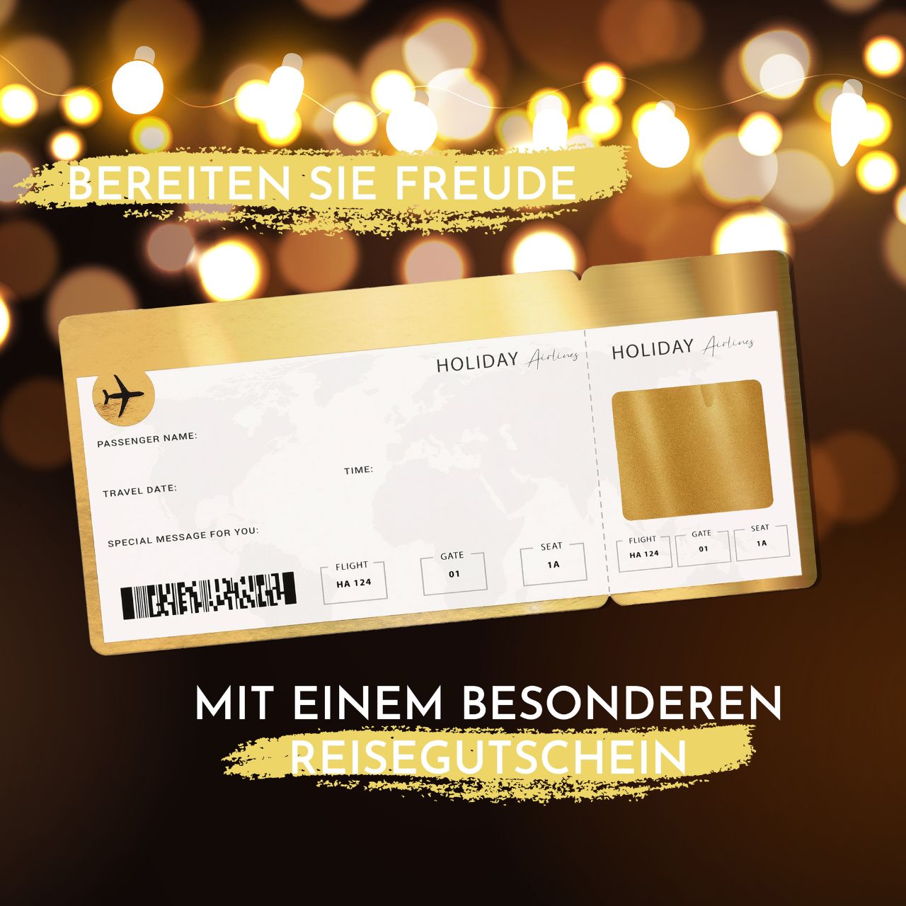 Bono de viaje tarjeta de embarque, 19 x 9 cm, con adhesivo para rascar y sobre, 24 unidades en un expositor gold, golden card, airline ticket, envelope, airport ticket
