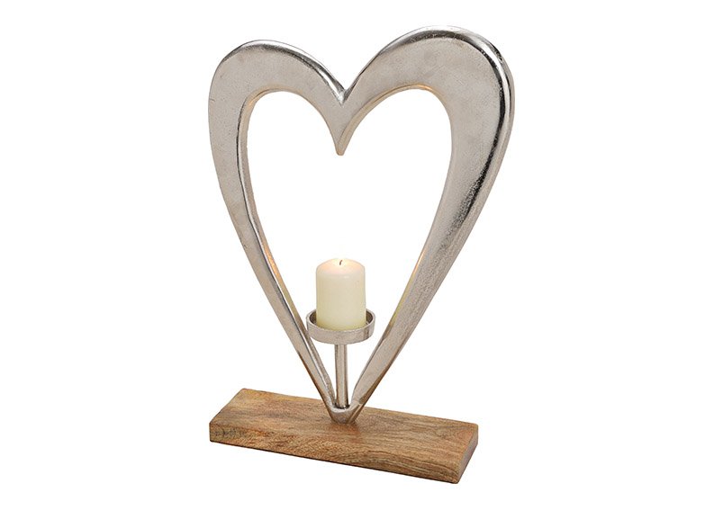 Corazón de metal con portavelas sobre base de madera de mango plata, marrón (A/H/D) 35x51x10cm