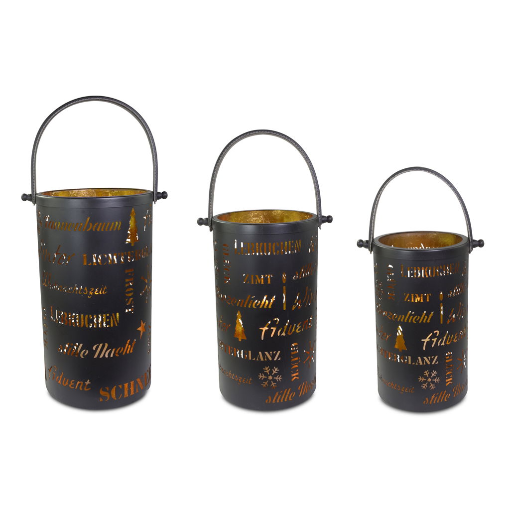 Juego de farolillos con letras, metal, 20x20x36 cm / 18x18x30 cm / 15x15x26 cm, 3 piezas/set, negro/oro EAN 18x18x30cm: 4065557000169 EAN 15x15x26cm: 4065557000176 Pokal, Eimer