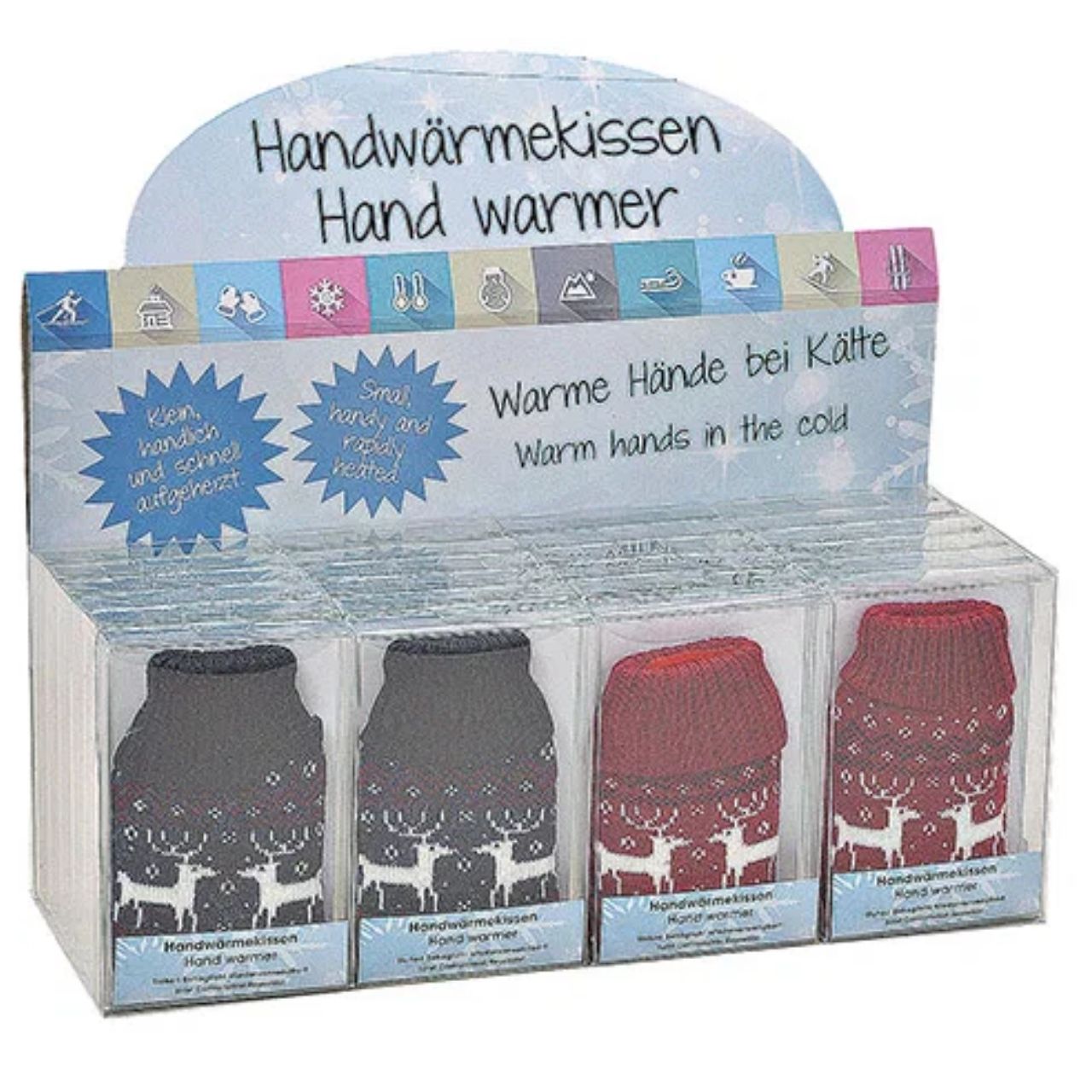 Réchauffeur de poche Elan Housse tricotée en plastique Rouge, bleu 2 fois, (L/H/P) 7x12x1cm Handwärmekissen, Handwärmer, Kuschelkissen, Winteraccessoire, Wärmekissen