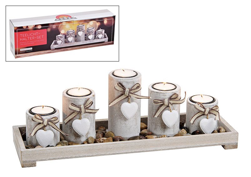 Tealight holder for 5 pcs tealight, on dekoration plate with stones, made of wood, brushed white color, 38x12x11cm