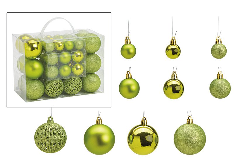 Xmas ball set of 50, plastic,lime green,23x18x12cm ø3/4/6cm