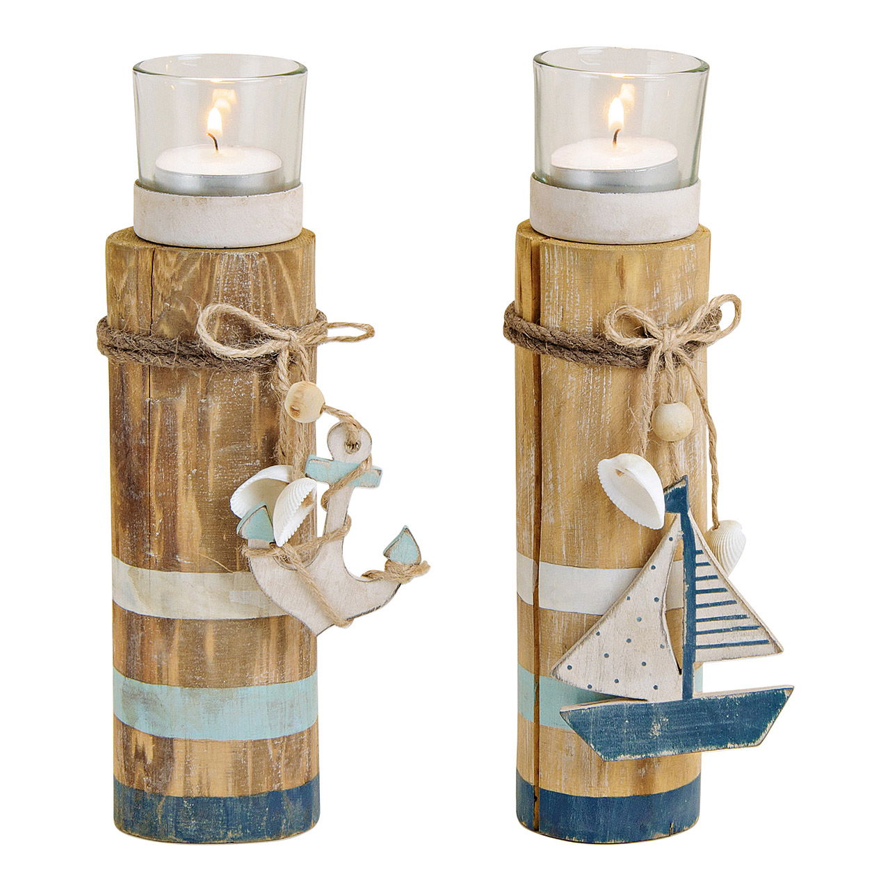 Teelichthalter Maritim weiß,blau aus Holz,Metall,Glas Braun 2-fach, (B/H/T) 6x20x6cm Teelichthalter Maritim weiß,blau aus Holz,Metall,Glas Braun 2-fach, (B/H/T) 6x20x6cm