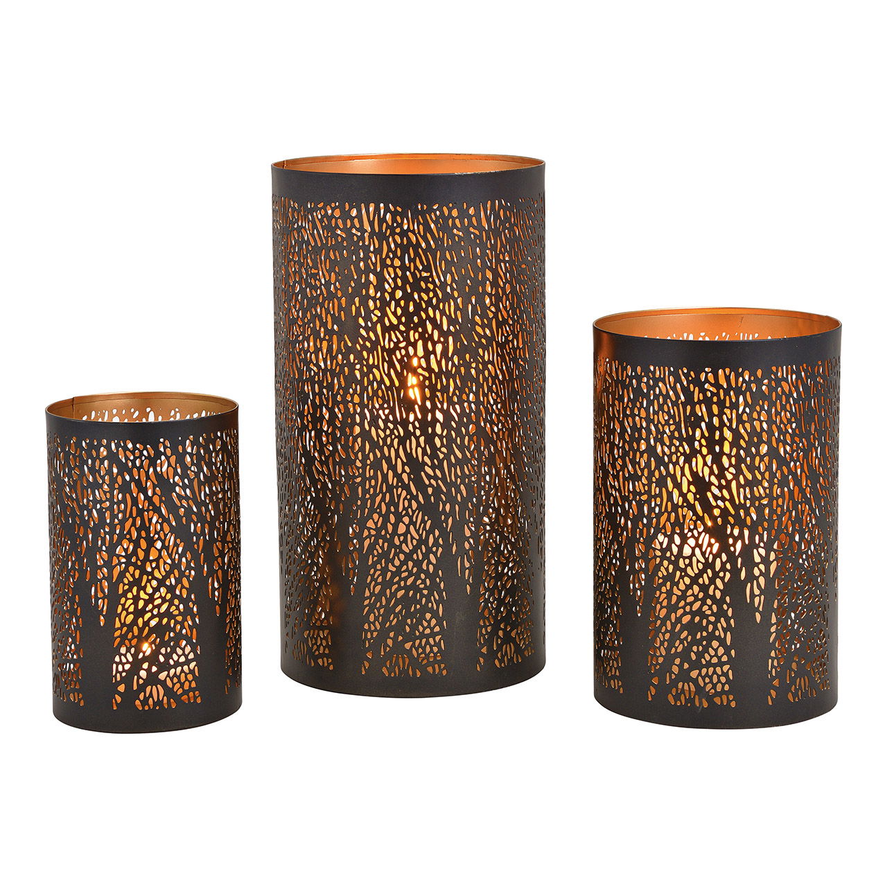 Wind light set, metal tree decor black set of 3, (W/H/D) 15x28x15cm 13x20x13cm 10x16x10cm Lampe, Zylinder