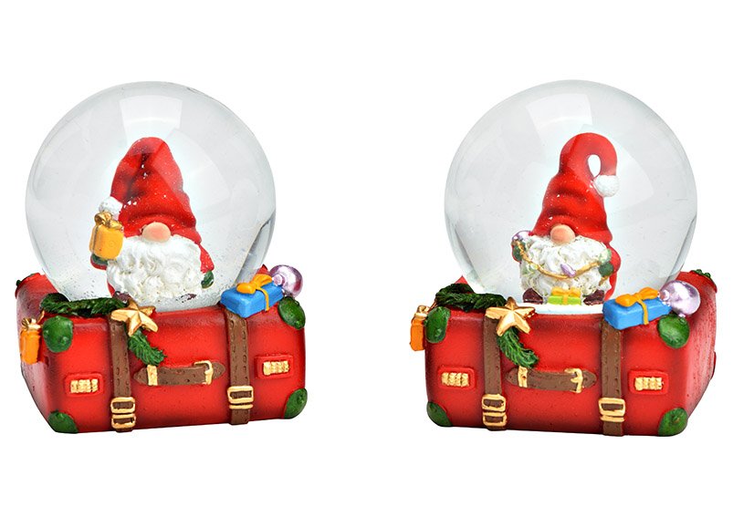 Snow globe gnome on suitcase base made of poly/glass colorful 2-fold, (W/H/D) 7x8x6cm