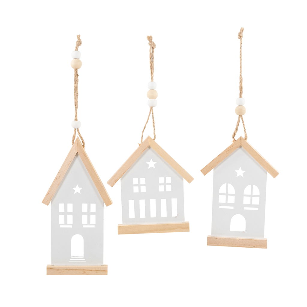 Hanger huis, 3 assorti, metaal, 9.3x1x10.5/21cm 8.5x1x12/23cm 7.5x1x15/25cm, 1 stuk, wit Zubehor, Ohrring, Schmuck