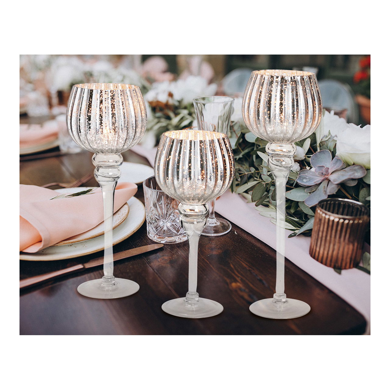 Wind light set goblet fluted, 30, 35, 40 cm x Ø13cm made of silver glass set of 3 Wind light set goblet fluted, 30, 35, 40 cm x Ø13cm made of silver glass set of 3