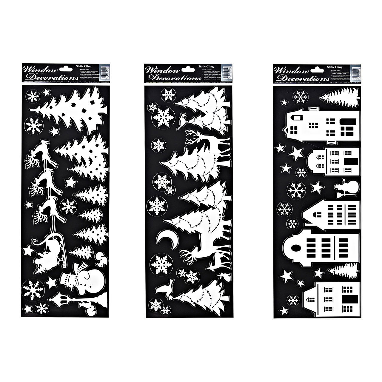 Window pictures Christmas, town houses, winter forest, made of plastic black 4-fold, (W/H) 21x59cm