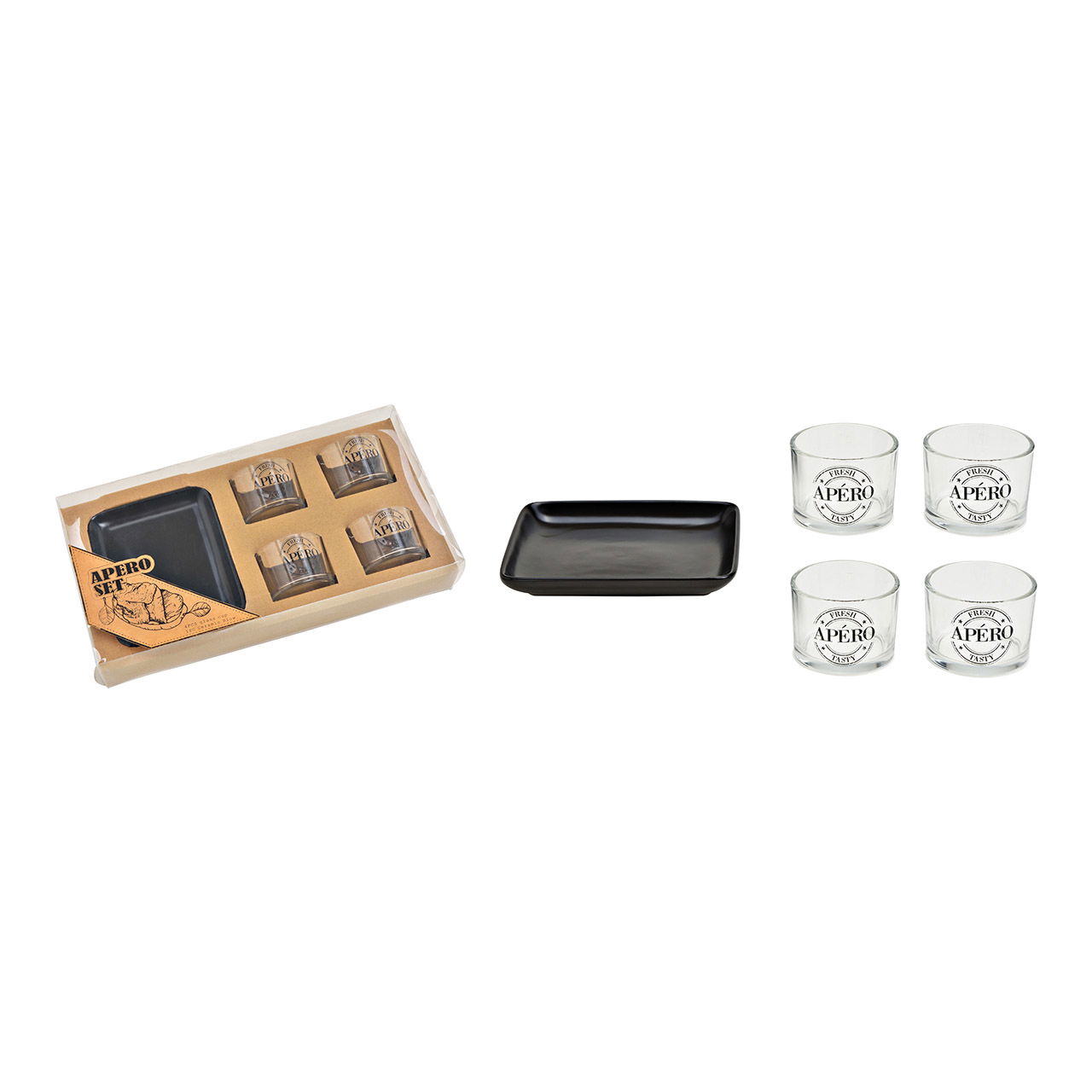 Black ceramic tapas set of 5, (W/H/D) 1 x plate 13x15x1cm, 4 x glass 7x5x7cm