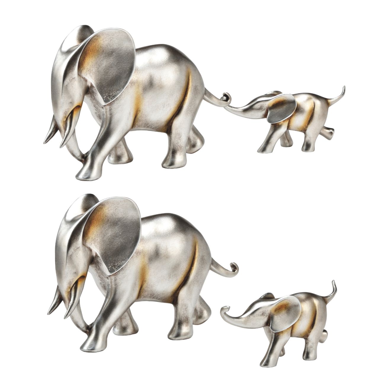 Set di 2 elefanti madre e figlio, in poli-argento (L/H/D) 32x13x6cm