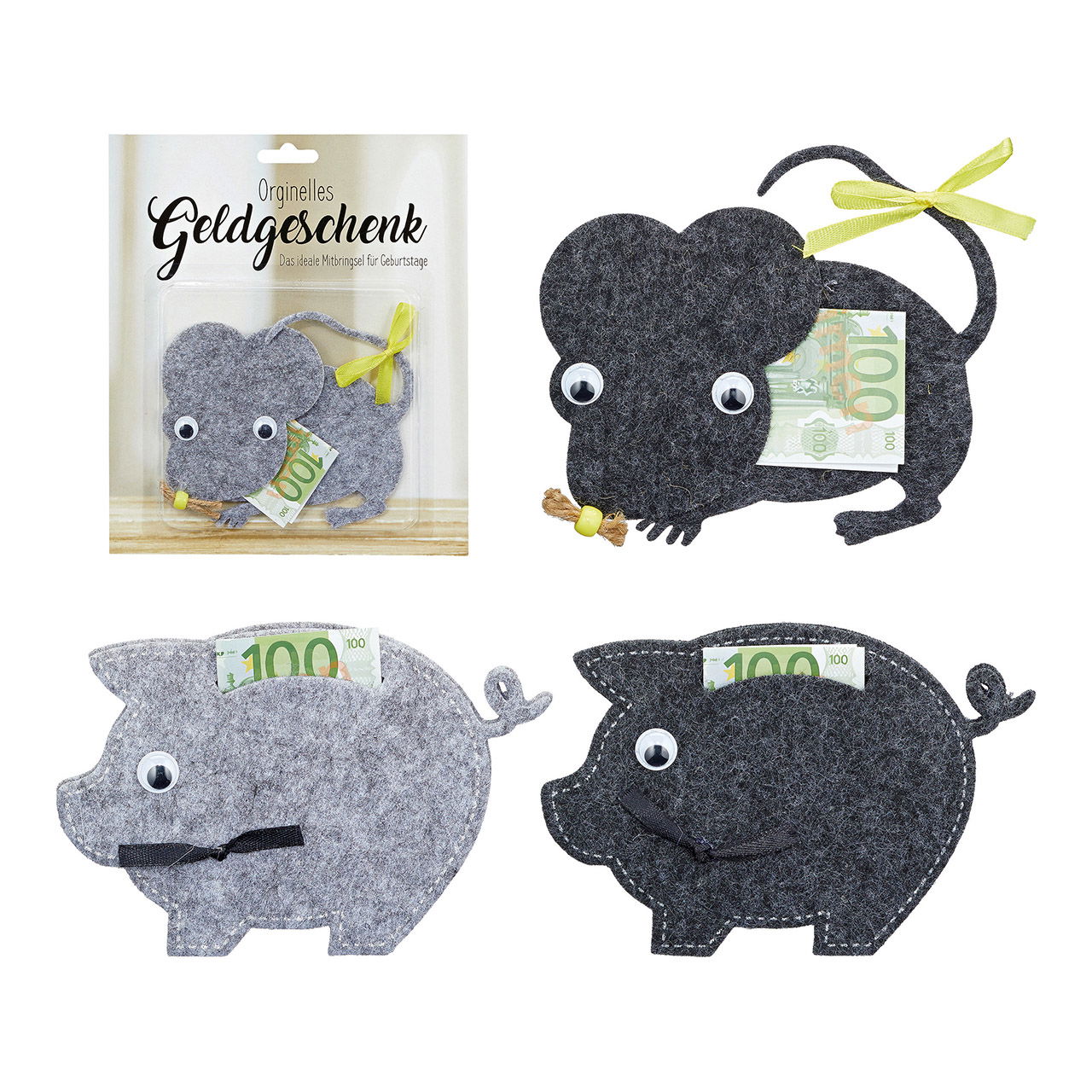 Money gift, pig, mouse made of felt gray 4-fold, (W/H) 14x9cm