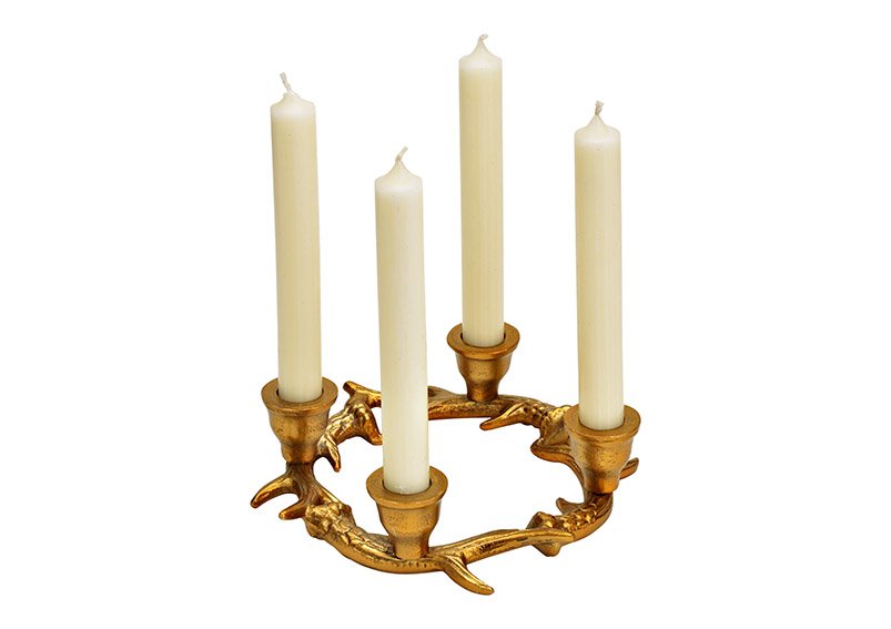 Corona de Adviento, portavelas para 4 velas astas, metal dorado (c/h/d) 20x5x20cm