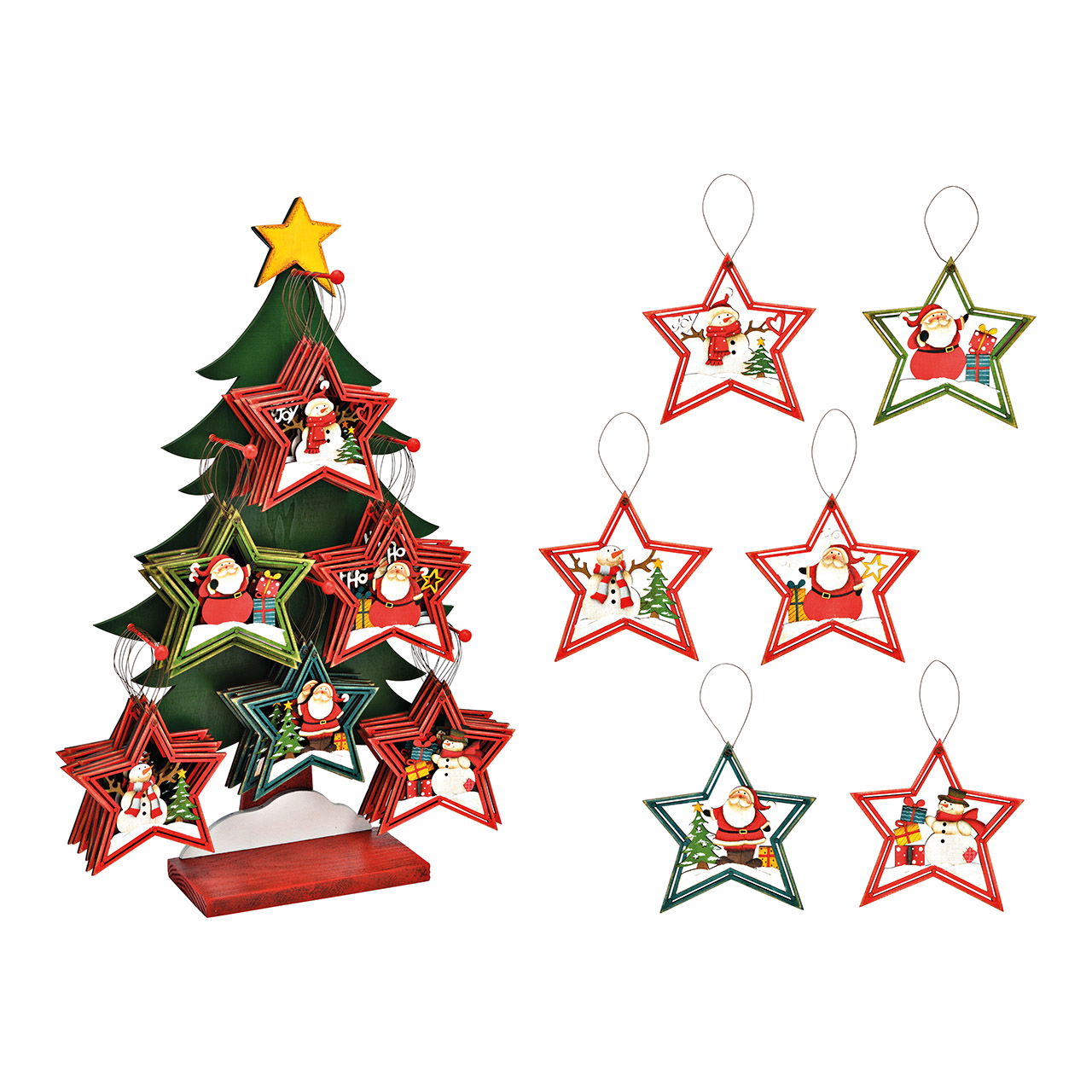 Wooden Christmas hanger star (W/H) 13x14cm on tree stand, 6-panel, red/green (W/H/D) 34x58x10cm