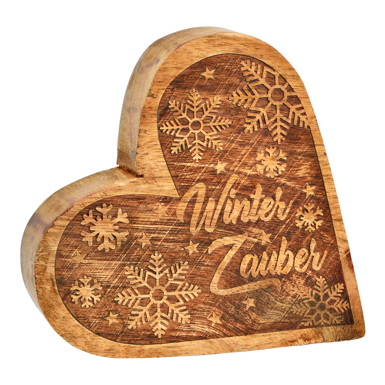 Cuore Winter Magic in legno di mango naturale (L/H/D) 14x14x4cm