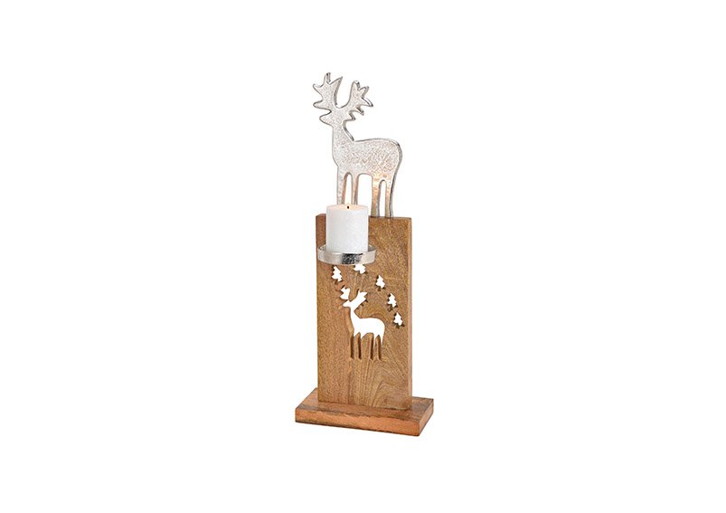 Kerzenhalter Hirsch aus Metall auf Mangoholz Ständer, Baum Dekor, Silber (B/H/T) 20x56x18cm