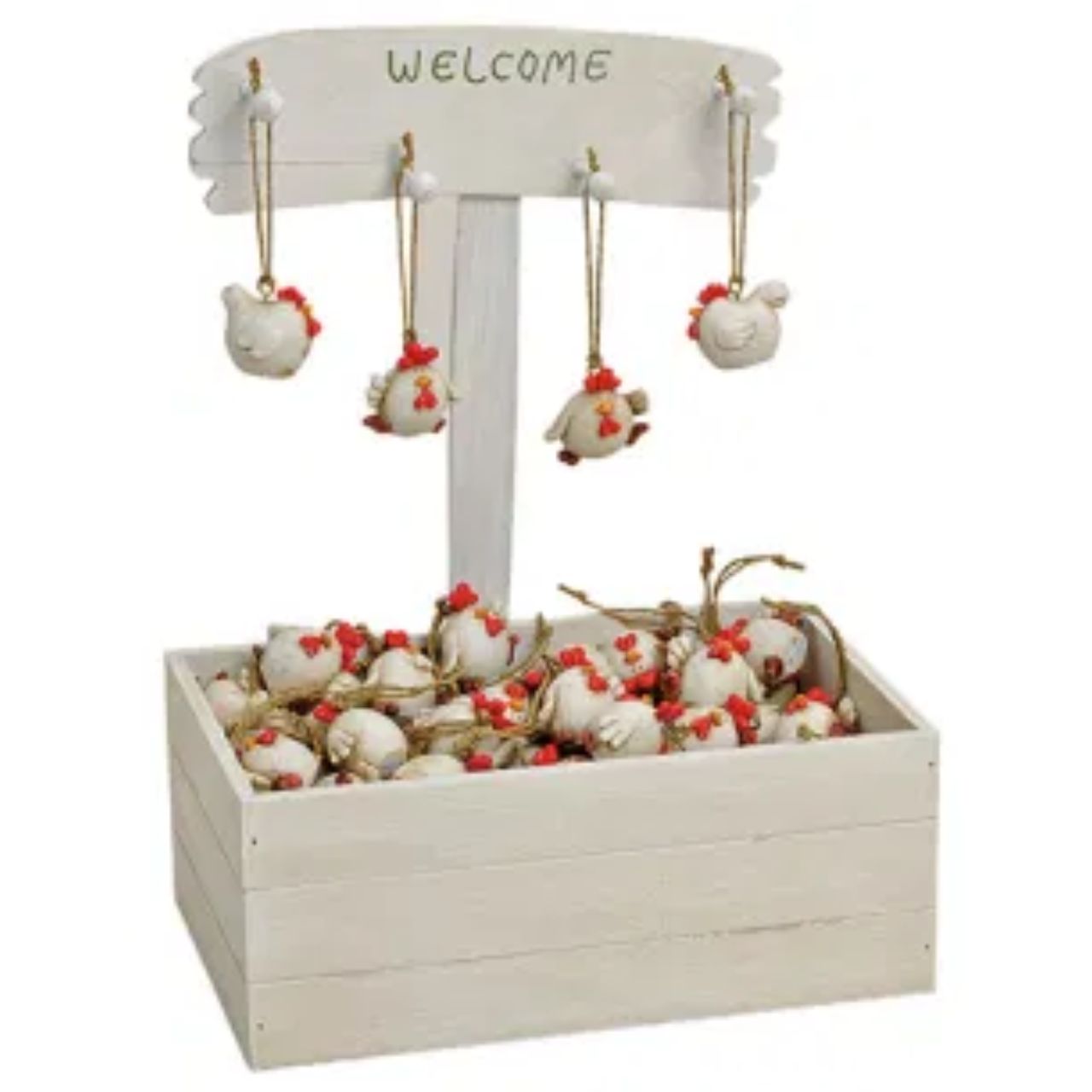 Holzdisplay, hängende Schmuckstücke, Huhn-Figur, weiße Box, Dekorationshühner