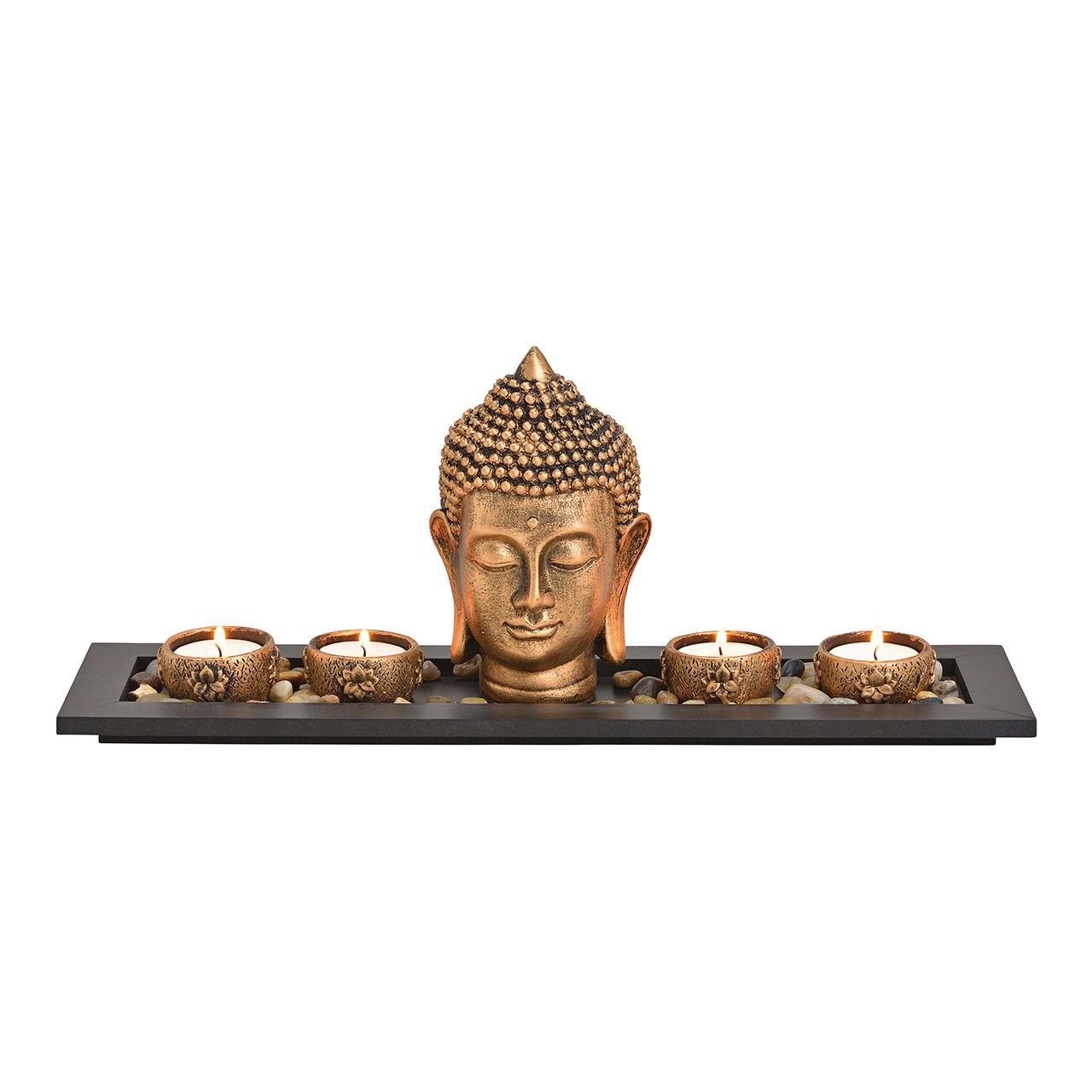Buddha mit 4er Teelichthalter, Holztablett, Dekosteine, aus Poly Gold (B/H/T) 41x17x11cm Buddha mit 4er Teelichthalter, Holztablett, Dekosteine, aus Poly Gold (B/H/T) 41x17x11cm
