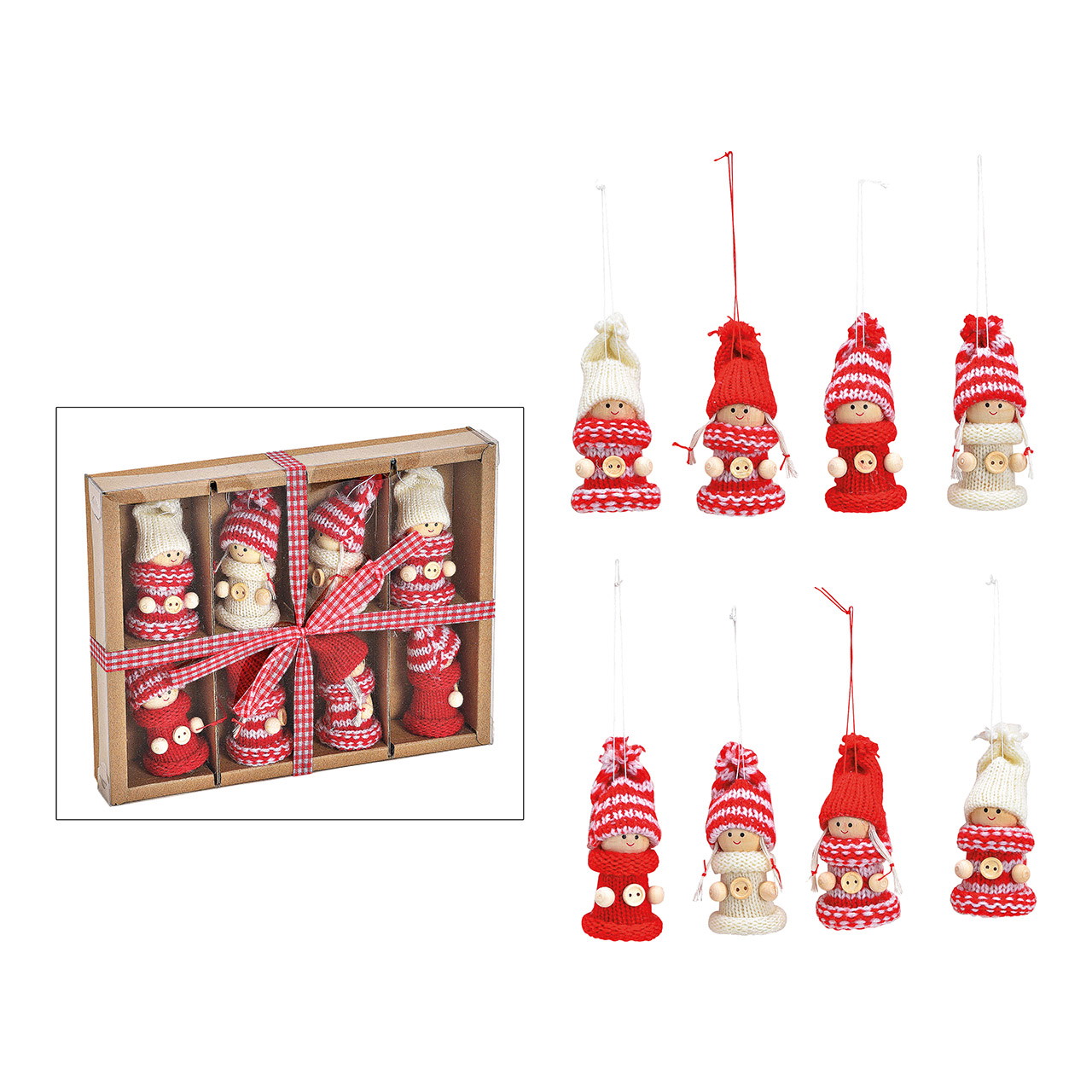 Weihnachtshänger Winterkind aus Textil, 8er-Set, Rot/Weiß (B/H/T) 4x7x3cm/20x16x3cm Winterdeko, Strickfigur, Rot-Weiß, Schneemann-Stil, Holzperlen