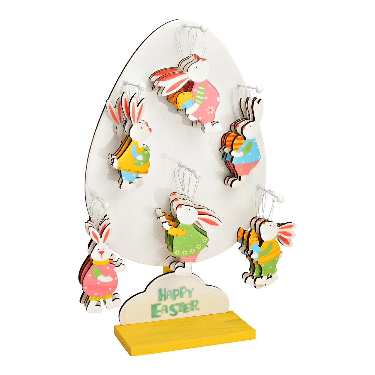 Coniglietto pasquale in legno, a 6 pieghe, colorato (L/H) 6x14cm su supporto per uova (L/H/D) 30x50x10cm Coniglietto pasquale in legno, a 6 pieghe, colorato (L/H) 6x14cm su supporto per uova (L/H/D) 30x50x10cm