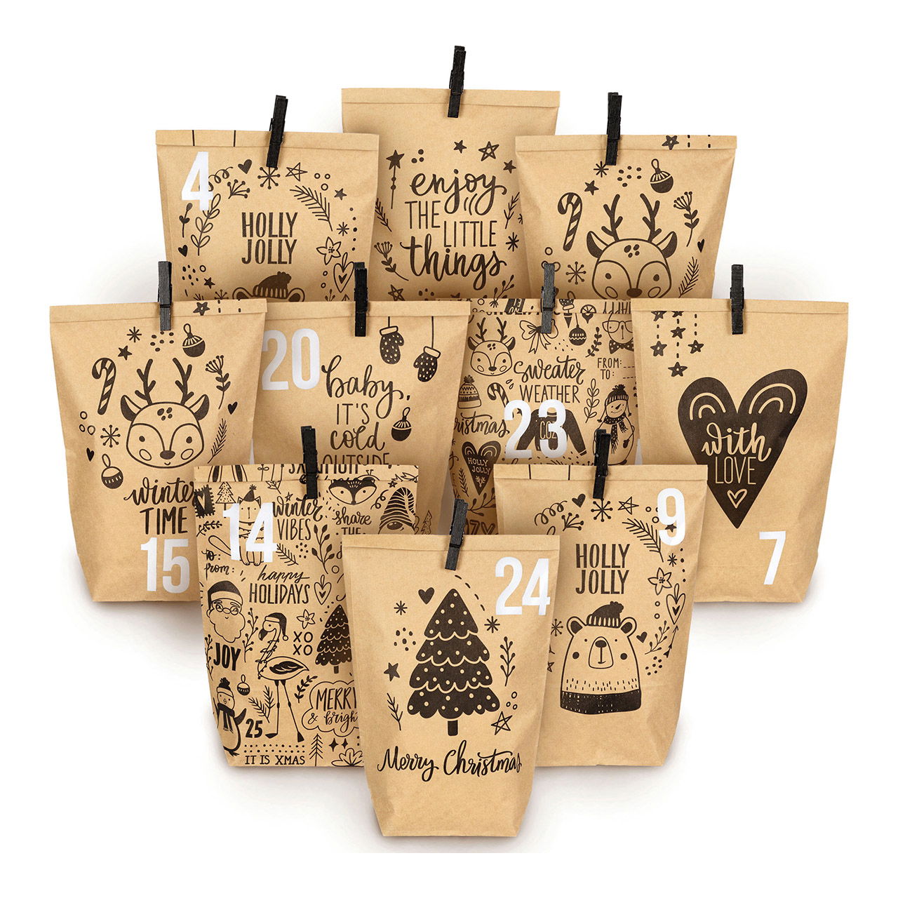 Adventkalender bedrukte zakjes inpakpapier met zwarte kindermotieven met zwarte clips van papier/karton bruin (B/H/D) 24x21x2cm