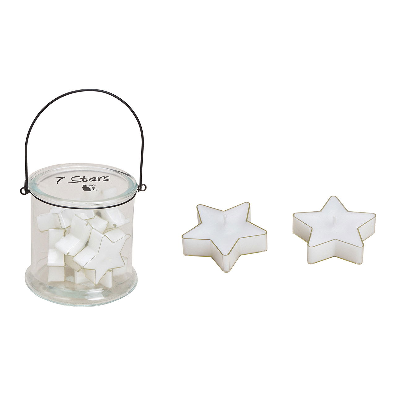 Wind light with 7 star tealights 6.5cm made of glass, white, set of 8, (w / h / d) 13x12x13cm