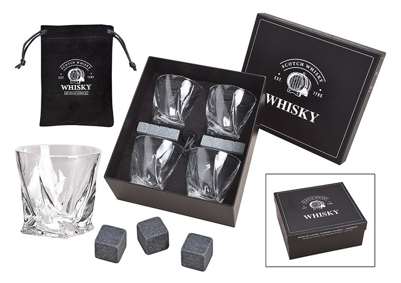 Juego de piedra para whisky, cubos de hielo de piedra de basalto, 2cm, 8 cubos con 4 vasos 9x8x9cm 300ml, 26,6x11,5x23,6cm