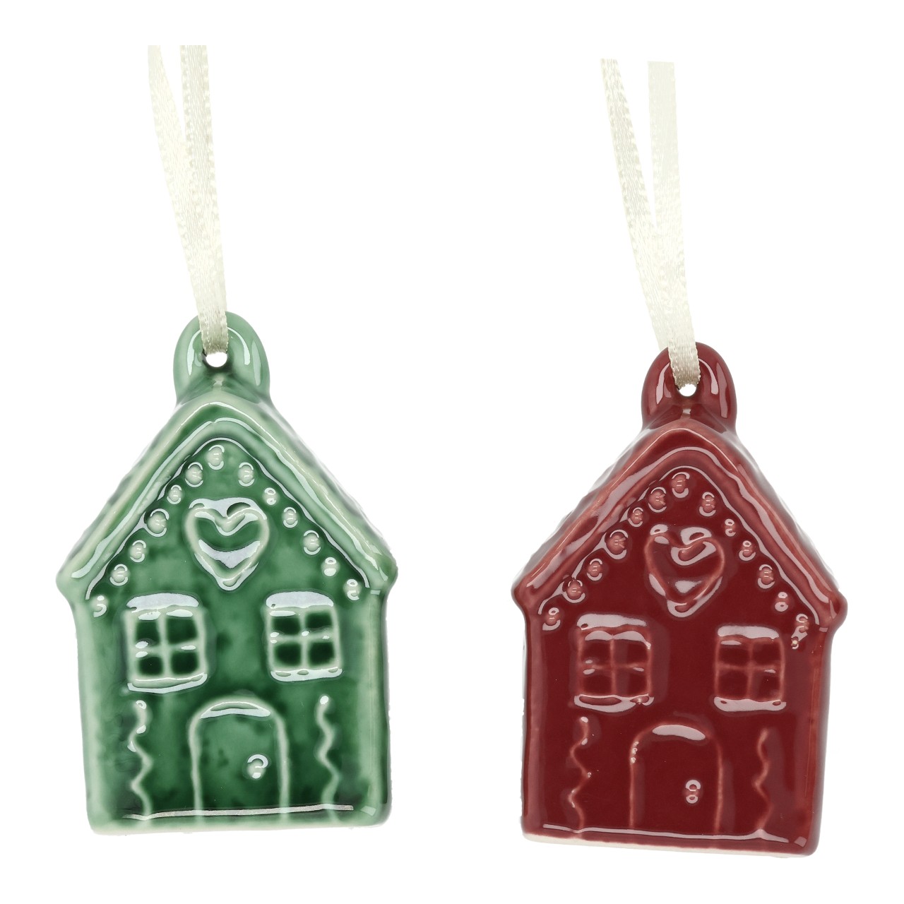 Casa de porcelana colgante rojo/verde 2 surtidos (A/A/A) 4x6x2cm Hausdeko, Keramikornament, grünes Ornament, rotes Ornament, Herz-Motiv
