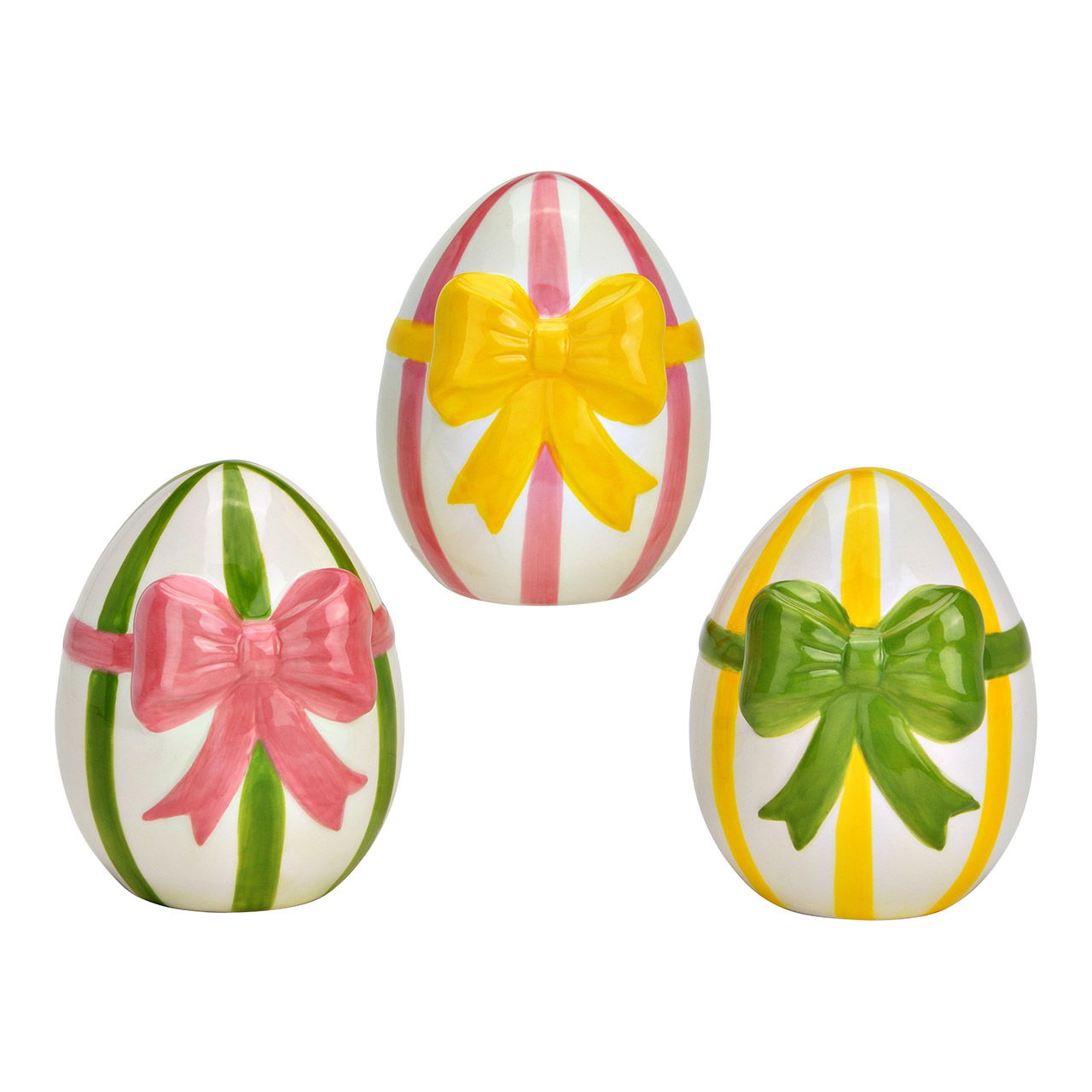 Ei mit Schleife aus Keramik, 3-fach, Gelb/Rosa/Grün (B/H/T) 9x11x9cm Osterei, Ei, Essen