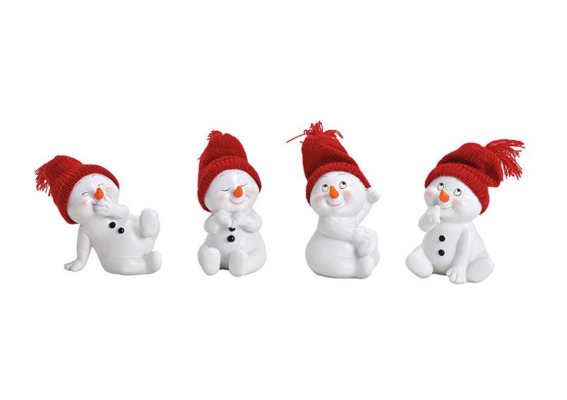 Snowman sitting with hat red, polyresin, white, 4 assorted, (w/h/d) 9x8x11cm