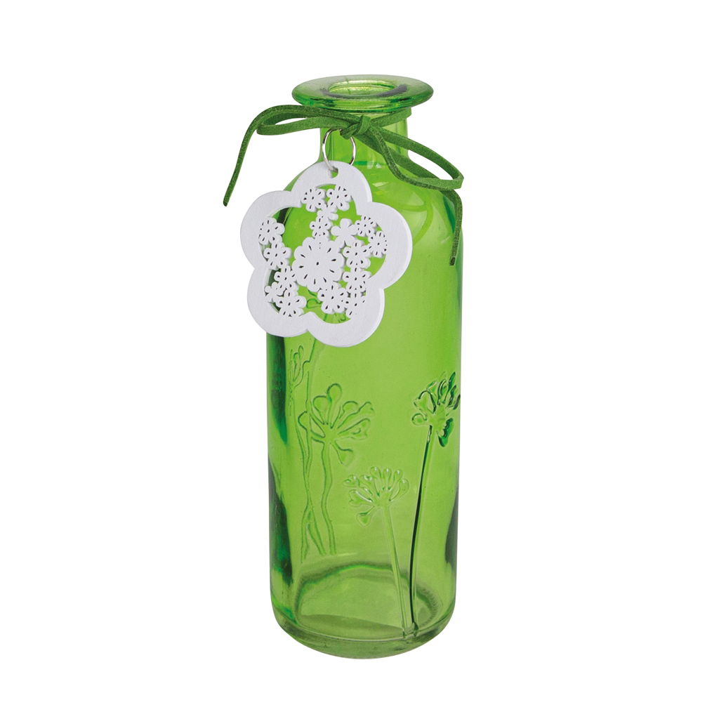 Vase bottle with flower decoration, glass, 5.3x16cm, 1 piece, green Krug, Flasche, Glas