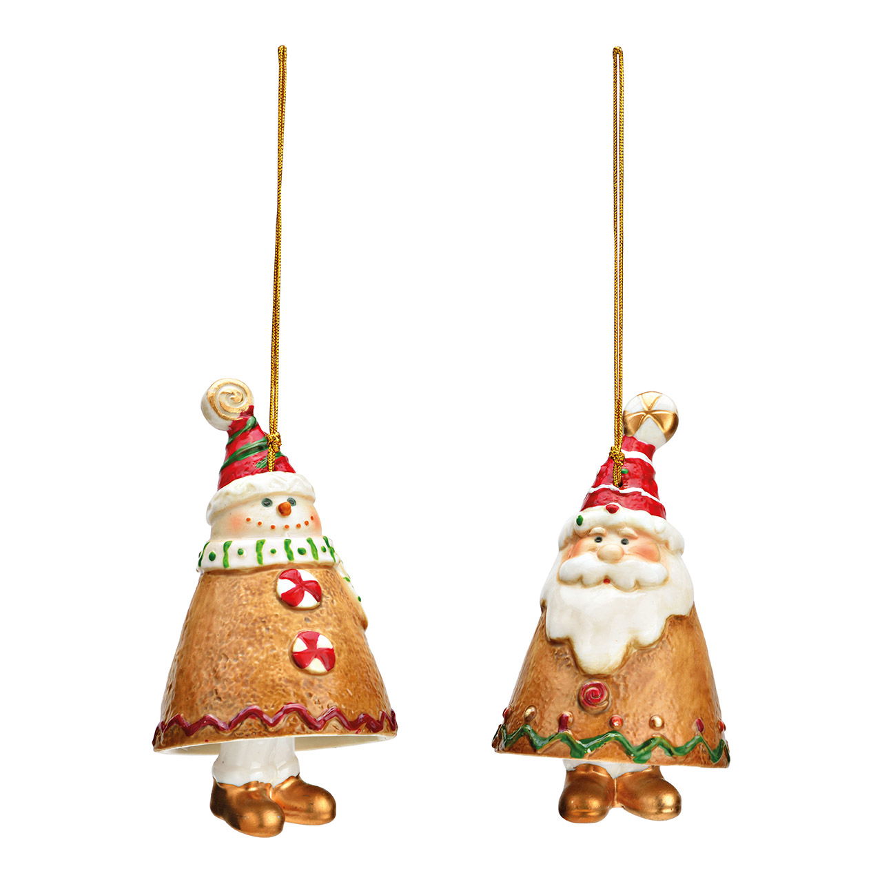 Suspension Cloche Père Noël, bonhomme de neige en porcelaine brune 2 fois, (L/H/P) 6x10x6cm