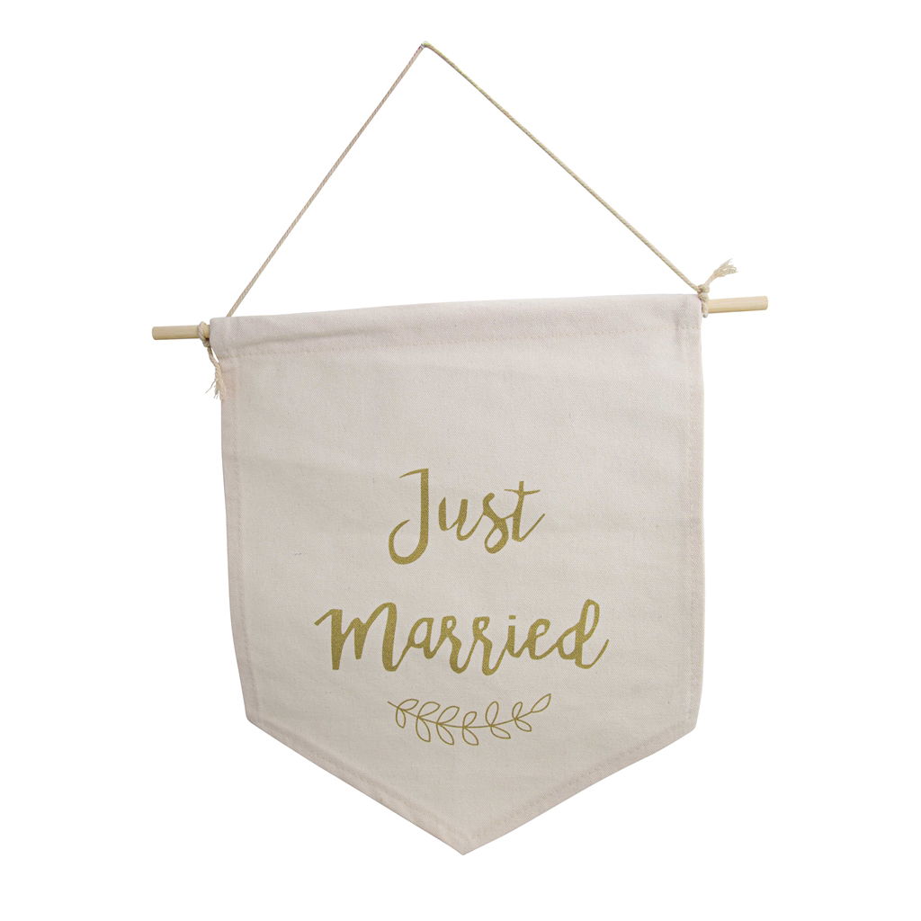 Just Married decoration hanger, fabric, 38x32cm, 1 piece, white-gold Zubehor, Tasche, Handtasche
