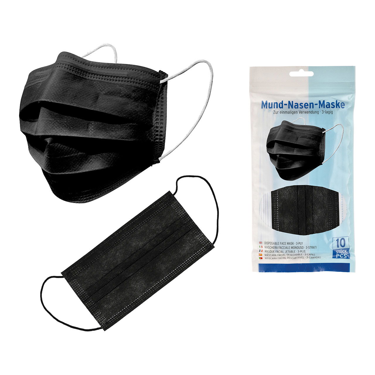 Mund-Nasen-Maske, 10er Beutel, mit Ohrschlaufen, Vliesstoff 100% Polypropylene PP, 3-lagig, Schwarz Mund-Nasen-Maske, 10er Beutel, mit Ohrschlaufen, Vliesstoff 100% Polypropylene PP, 3-lagig, Schwarz