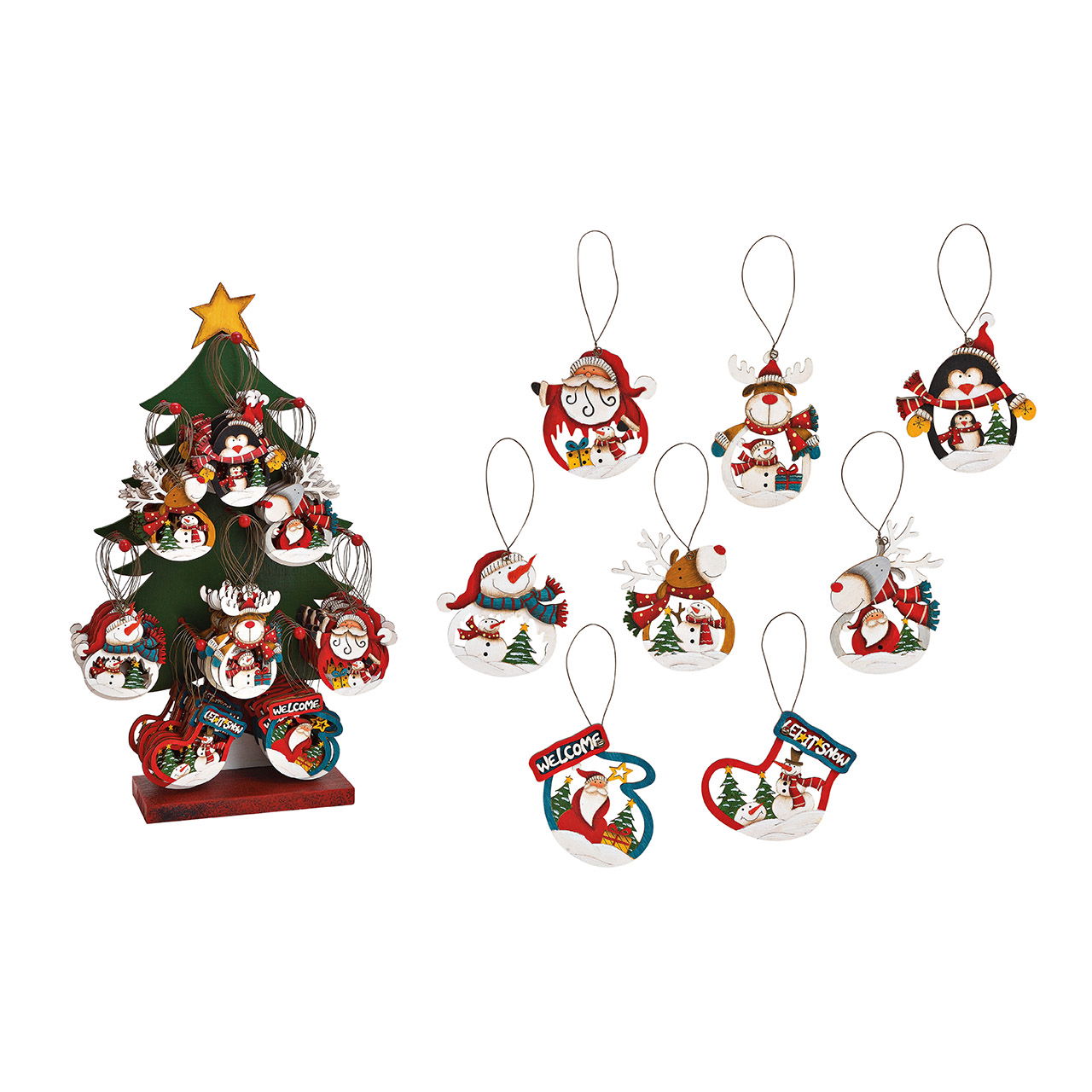 Pendentif de Noël Père Noël/élan/bonhomme de neige/pingouin sur support pour arbre en bois, 8 fois, multicolore (L/H/P) 8x9x0.5cm/26x47x12cm