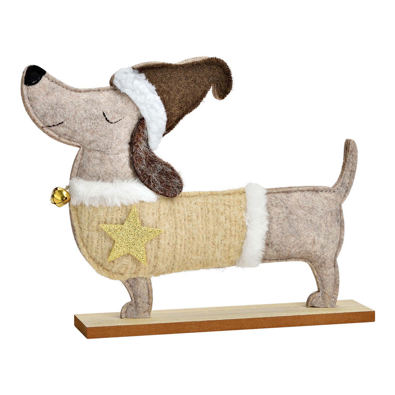 Perro salchicha sobre base de fieltro/madera, beige (An/Al/Fo) 27x20x5cm