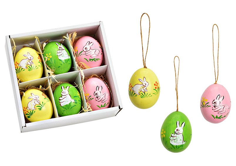 Huevos de Pascua con decoración de conejo, juego de 6, de material natural, de colores (A/A/P) 6x6x6cm