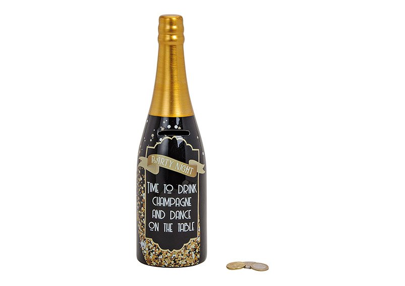 Salvadanaio Bottiglia di champagne Party Night, ceramica, nero, (L) 30 cm, Ø 9 cm