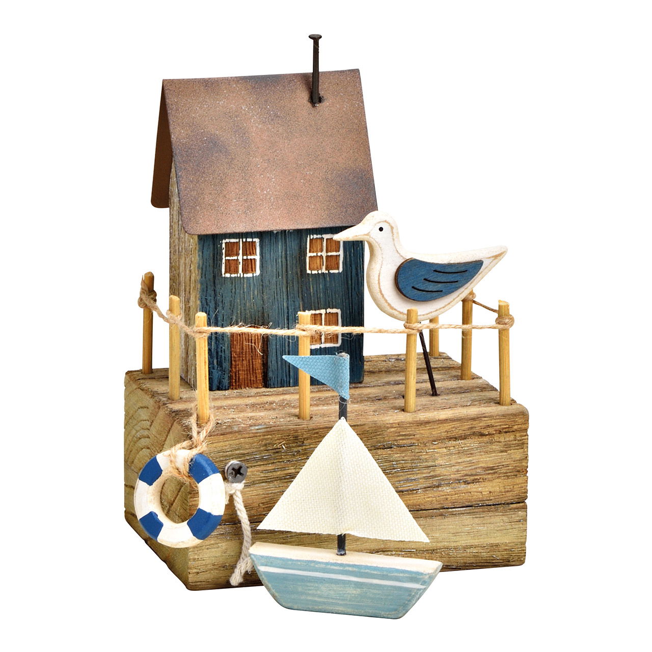 Boathouse made of wood/metal blue (W/H/D) 13x17x11cm