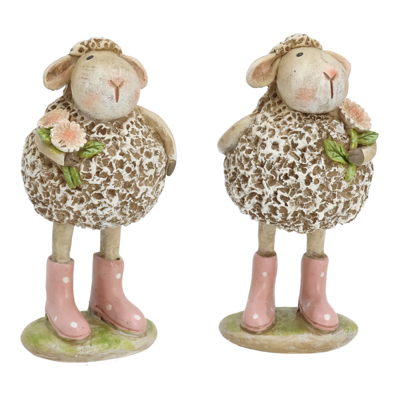 Schaf mit Blumen aus Poly Braun 2-fach sortiert (B/H/T) 5x9x4cm Figurine, Schaf, Blumenstrauß, Rosarote Stiefel, Texturierte Wolle, Dekorative Skulptur
