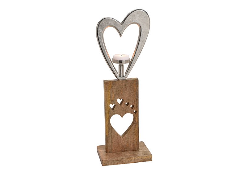 Heart with candle holder, metal, mangowood stander, silver, brown, 20x57x13cm