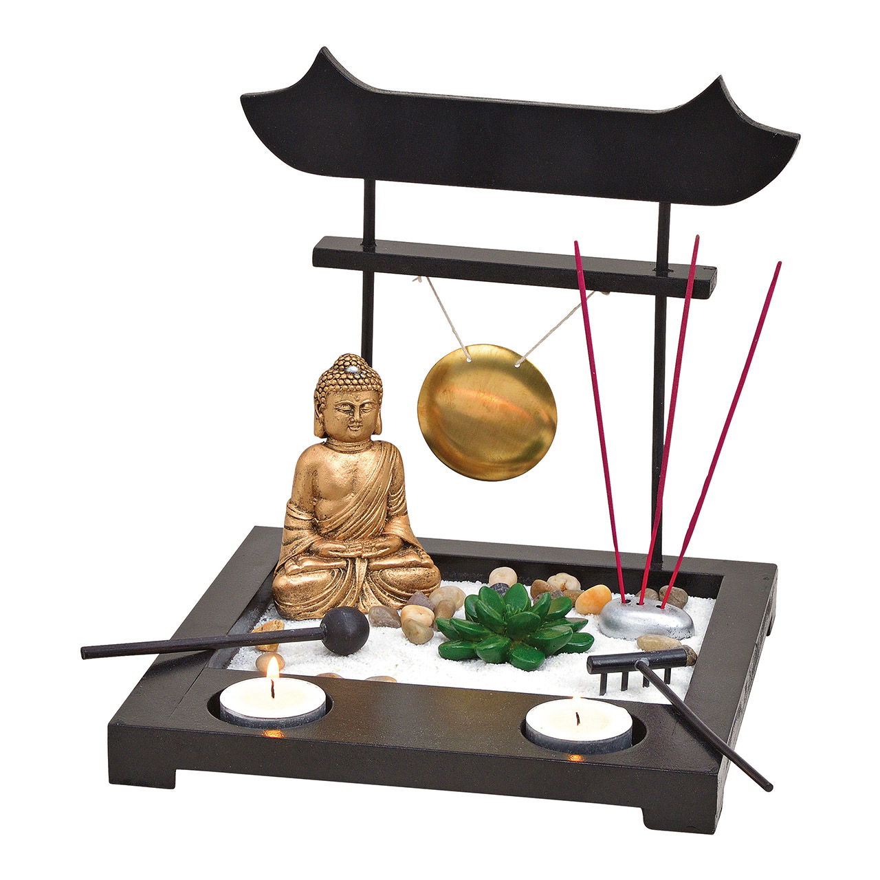 Set Buddhagarten ZEN, Buddha 10cm H, gong, raquette, porte-bougie pour 2 bougies à chauffe-plat, plante artificielle, decko sable, pierres, râteau, porte-encens avec 3 bâtonnets d'encens en bois, métal noir (L/H/P) 22x22x22cm