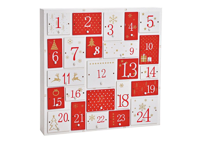 Calendario dell'Avvento in legno rosso, bianco (L/H/D) 32x32x5cm