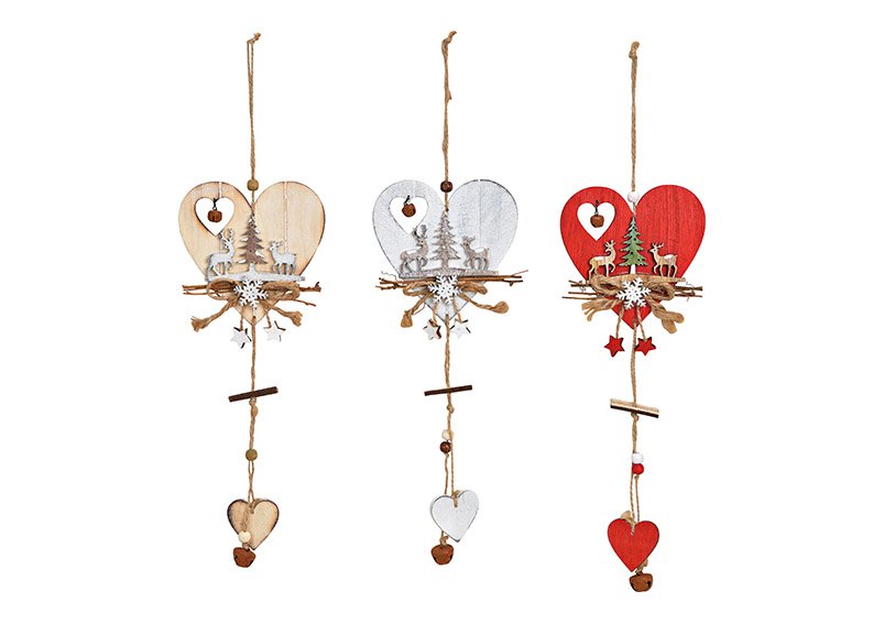 Hanger heart, deer head decor, wood, 3 asst. 13x32x1cm